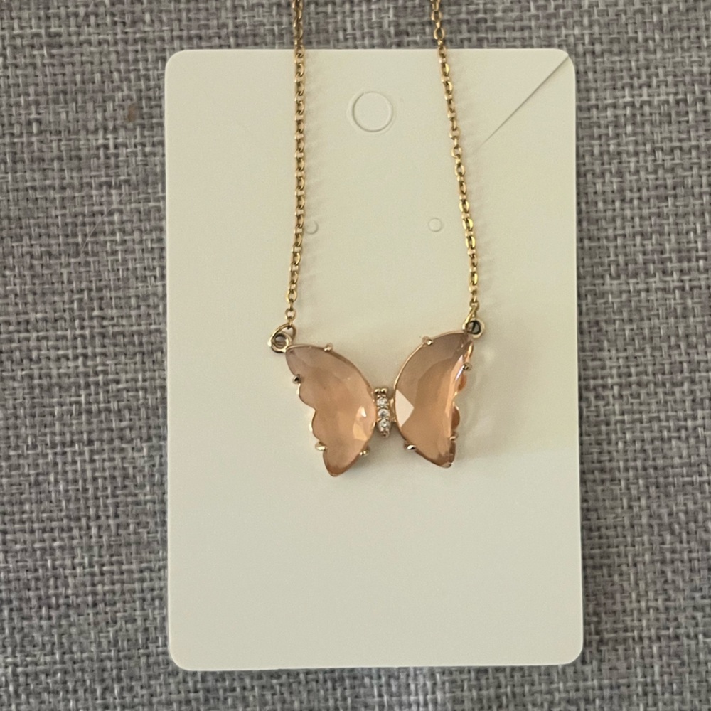 Peach Crystal Butterfly Pendant Necklace ✨ Gold Tone Chain | Fairycore - Picture 4 of 7